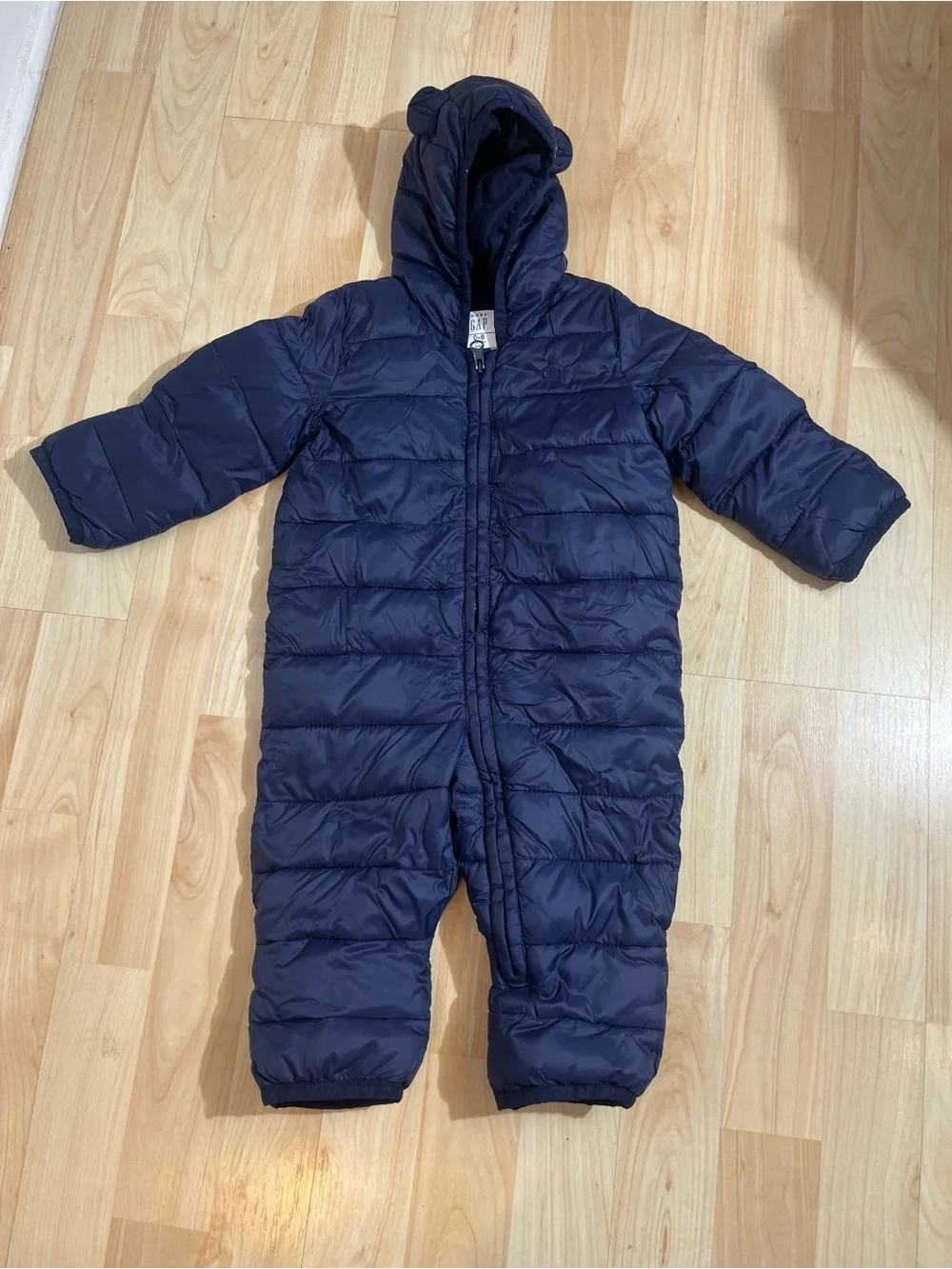 Baby Gap puffer navy snowsuit with small bear ears on the hood 0-6 months